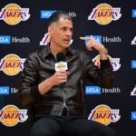 El Segundo, CA, USA; Los Angeles Lakers vice president of basketball operations and general manager Rob Pelinka introduced guard Luka Doncic at UCLA Health Training Center. Mandatory Credit: Gary A. Vasquez-Imagn Images