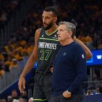 San Francisco, California, USA; Minnesota Timberwolves center Rudy Gobert (27) talks with Minnesota Timberwolves head coach Chris Finch in the second quarter against the Golden State Warriors during Game 3 in the second round of the 2025 NBA Playoffs at Chase Center. Mandatory Credit: David Gonzales-Imagn Images