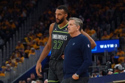 San Francisco, California, USA; Minnesota Timberwolves center Rudy Gobert (27) talks with Minnesota Timberwolves head coach Chris Finch in the second quarter against the Golden State Warriors during Game 3 in the second round of the 2025 NBA Playoffs at Chase Center. Mandatory Credit: David Gonzales-Imagn Images
