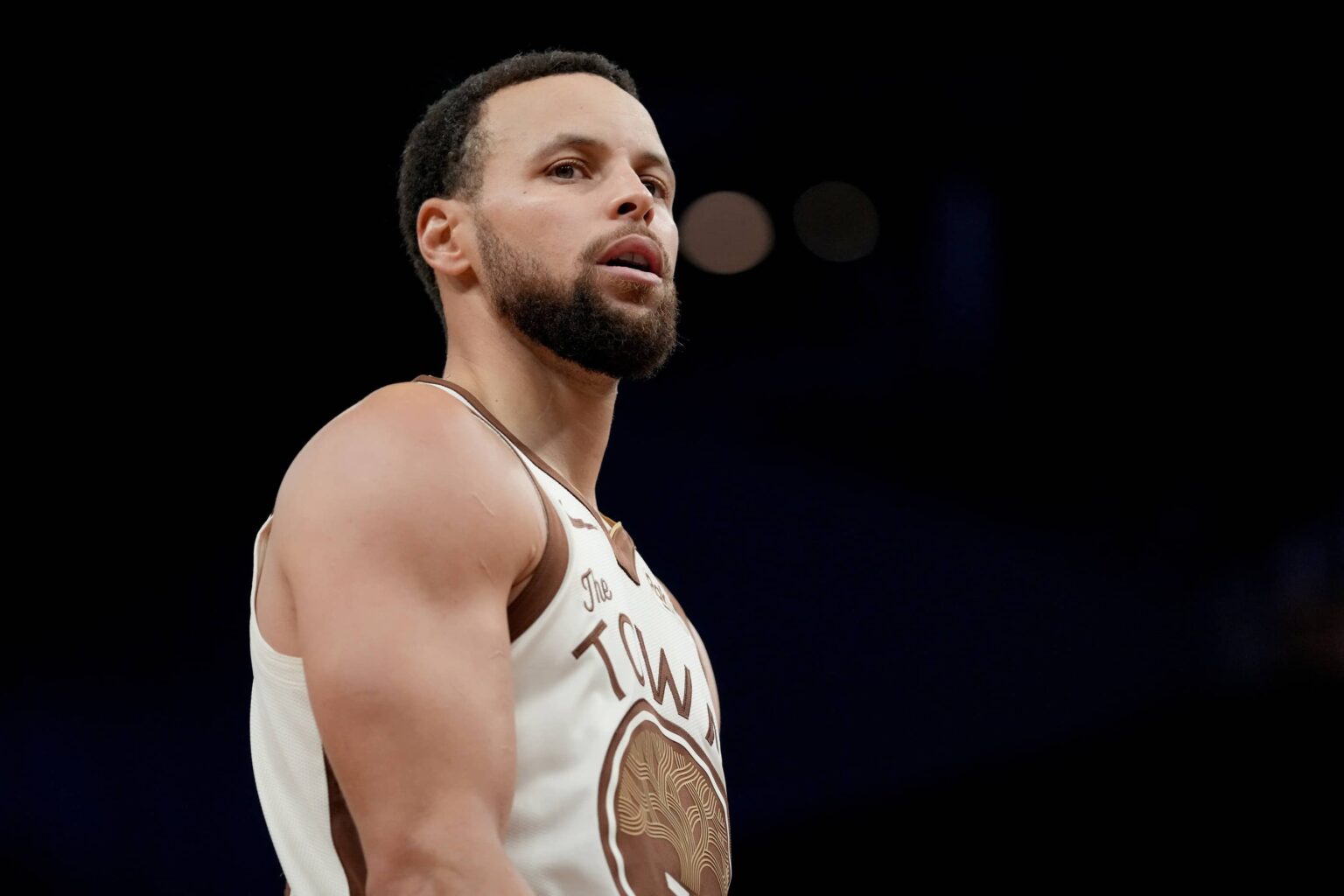 San Francisco, California, USA; Golden State Warriors guard Stephen Curry (30) stands on the court during a break in the action against the Detroit Pistons in the third quarter at the Chase Center. Mandatory Credit: Cary Edmondson-Imagn Images