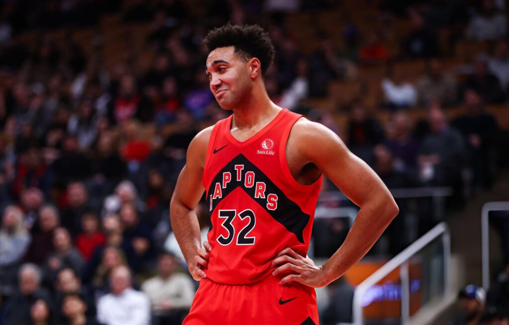 TORONTO, CANADA - FEBRUARY 8: Trayce Jackson-Davis #32 of the Toronto Raptors reacts during the second half of their NBA game at Scotiabank Arena on February 8, 2026 in Toronto, Canada. (Photo by Cole Burston/Getty Images)
