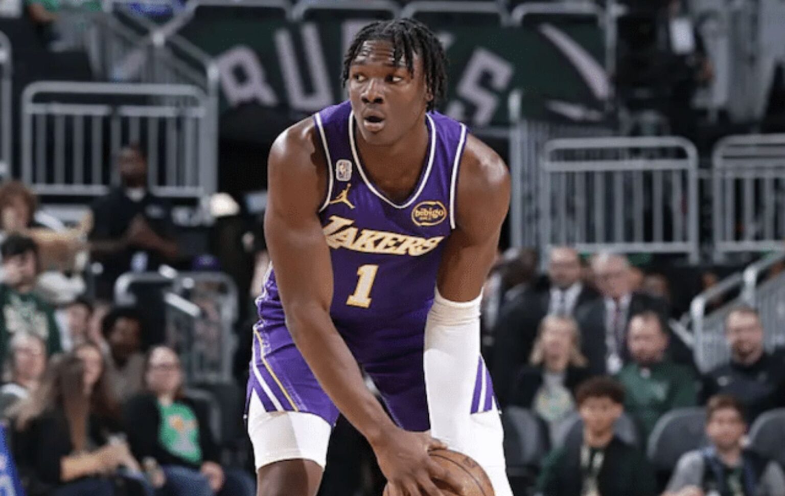 MILWAUKEE, WI - NOVEMBER 15: Adou Thiero #1 of the Los Angeles Lakers looks to pass the ball during the game against the Milwaukee Bucks on November 15, 2025 at Fiserv Forum Center in Milwaukee, Wisconsin. NOTE TO USER: User expressly acknowledges and agrees that, by downloading and or using this Photograph, user is consenting to the terms and conditions of the Getty Images License Agreement. Mandatory Copyright Notice: Copyright 2025 NBAE (Photo by Jeff Haynes/NBAE via Getty Images).