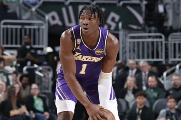 MILWAUKEE, WI - NOVEMBER 15: Adou Thiero #1 of the Los Angeles Lakers looks to pass the ball during the game against the Milwaukee Bucks on November 15, 2025 at Fiserv Forum Center in Milwaukee, Wisconsin. NOTE TO USER: User expressly acknowledges and agrees that, by downloading and or using this Photograph, user is consenting to the terms and conditions of the Getty Images License Agreement. Mandatory Copyright Notice: Copyright 2025 NBAE (Photo by Jeff Haynes/NBAE via Getty Images).