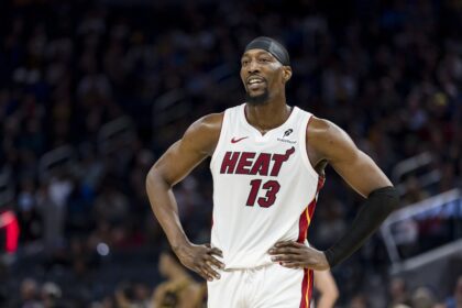 Jan 7, 2025; San Francisco, California, USA; Miami Heat center Bam Adebayo (13) reacts during the fourth quarter against the Golden State Warriors at Chase Center. Mandatory Credit: John Hefti-Imagn Images