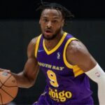South Bay Lakers guard Bronny James dribbles during the first half of an NBA G League basketball game against the Salt Lake City Stars. (Eric Thayer/AP)