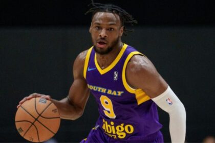 South Bay Lakers guard Bronny James dribbles during the first half of an NBA G League basketball game against the Salt Lake City Stars. (Eric Thayer/AP)