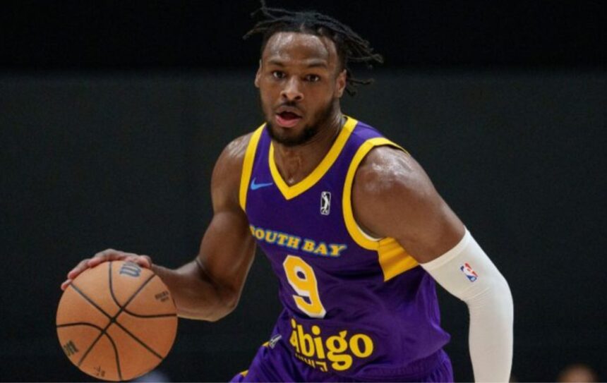 South Bay Lakers guard Bronny James dribbles during the first half of an NBA G League basketball game against the Salt Lake City Stars. (Eric Thayer/AP)