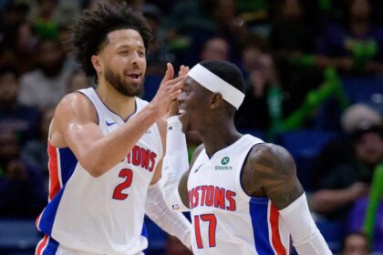 Mar 17, 2025; New Orleans, Louisiana, USA; Detroit Pistons guard Cade Cunningham (2) celebrates a basket with guard Dennis Schroder (17) against the New Orleans Pelicans during the second half at Smoothie King Center. Mandatory Credit: Matthew Hinton-Imagn Images | Matthew Hinton-Imagn Images