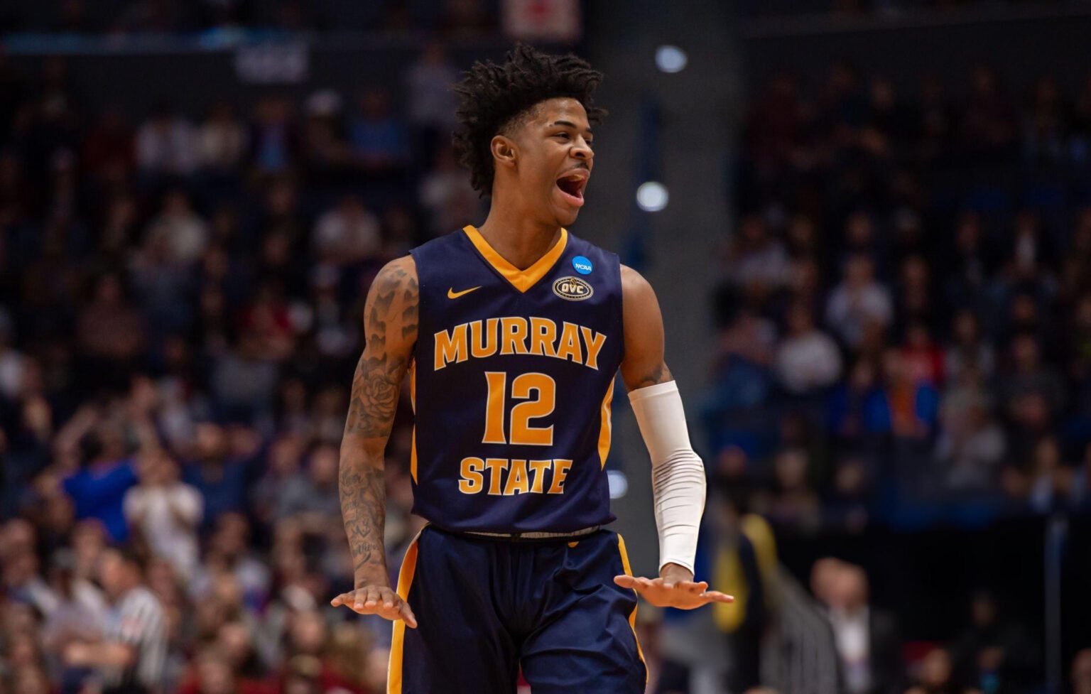 HARTFORD, CT - MARCH 23: Murray State Racers guard Ja Morant (12) reacts during the first half of the NCAA Division I Men's Championship second round college basketball game between the Florida State Seminoles and the Murray State Racers on March 23, 2019 at XL Center in Hartford, CT. (Photo by John Jones/Icon Sportswire via Getty Images)