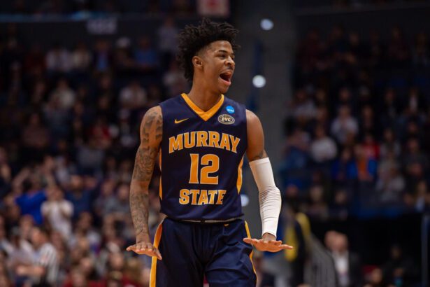 HARTFORD, CT - MARCH 23: Murray State Racers guard Ja Morant (12) reacts during the first half of the NCAA Division I Men's Championship second round college basketball game between the Florida State Seminoles and the Murray State Racers on March 23, 2019 at XL Center in Hartford, CT. (Photo by John Jones/Icon Sportswire via Getty Images)