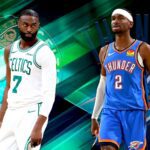 Jaylen Brown sneakily calls out Shai Gilgeous-Alexander for flopping. Mandatory Credit: Fadeaway World