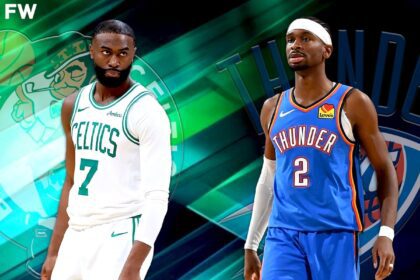 Jaylen Brown sneakily calls out Shai Gilgeous-Alexander for flopping. Mandatory Credit: Fadeaway World