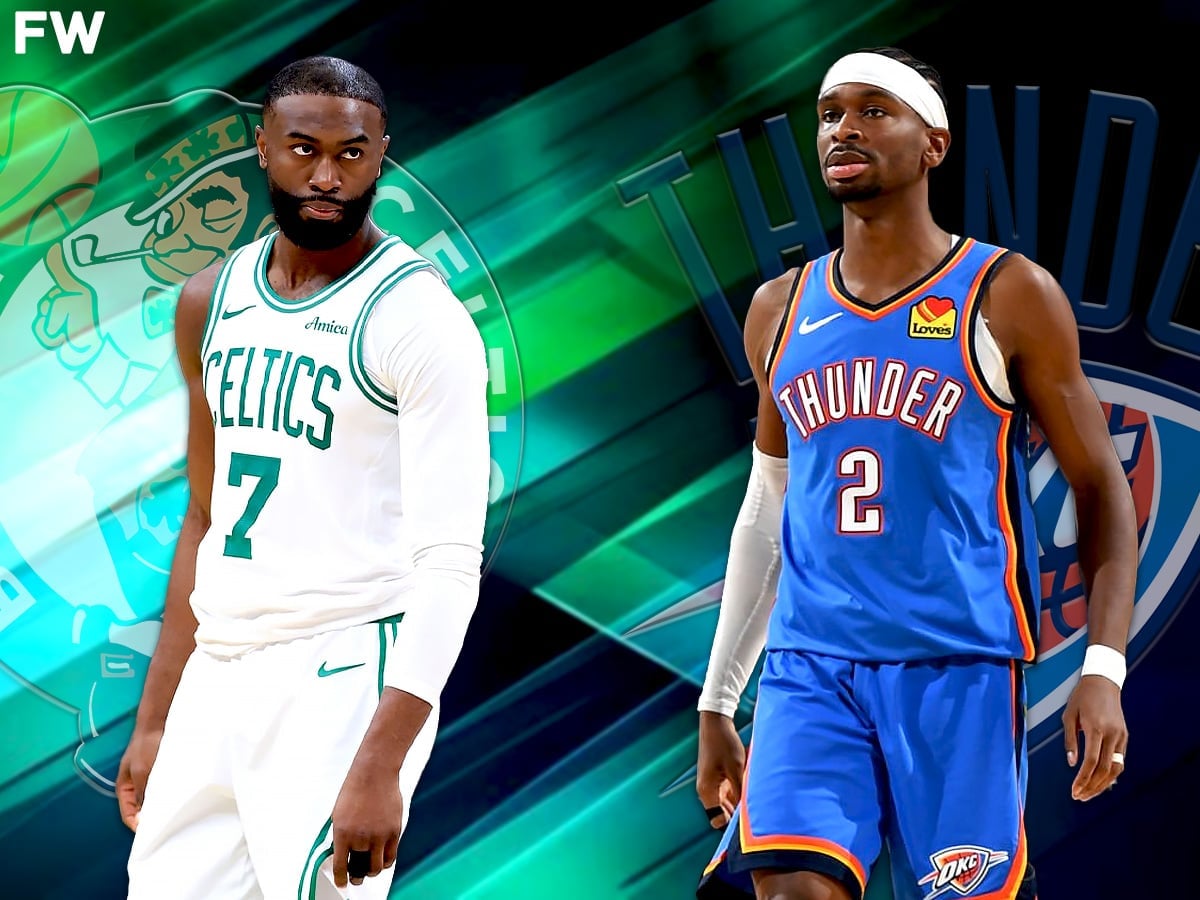 Jaylen Brown sneakily calls out Shai Gilgeous-Alexander for flopping. Mandatory Credit: Fadeaway World