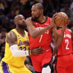 Mar 16, 2026; Houston, Texas, USA; Los Angeles Lakers forward LeBron James (23) defends against Houston Rockets forward Kevin Durant (7) during the fourth quarter at Toyota Center. Mandatory Credit: Troy Taormina-Imagn Images