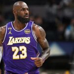Mar 25, 2026; Indianapolis, Indiana, USA; Los Angeles Lakers forward LeBron James (23) runs down court during the first quarter against the Indiana Pacers at Gainbridge Fieldhouse. Mandatory Credit: Marc Lebryk-Imagn Images