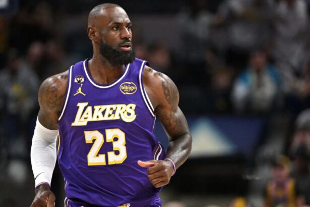 Mar 25, 2026; Indianapolis, Indiana, USA; Los Angeles Lakers forward LeBron James (23) runs down court during the first quarter against the Indiana Pacers at Gainbridge Fieldhouse. Mandatory Credit: Marc Lebryk-Imagn Images