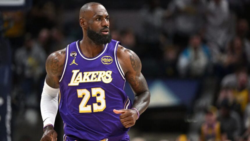 Mar 25, 2026; Indianapolis, Indiana, USA; Los Angeles Lakers forward LeBron James (23) runs down court during the first quarter against the Indiana Pacers at Gainbridge Fieldhouse. Mandatory Credit: Marc Lebryk-Imagn Images