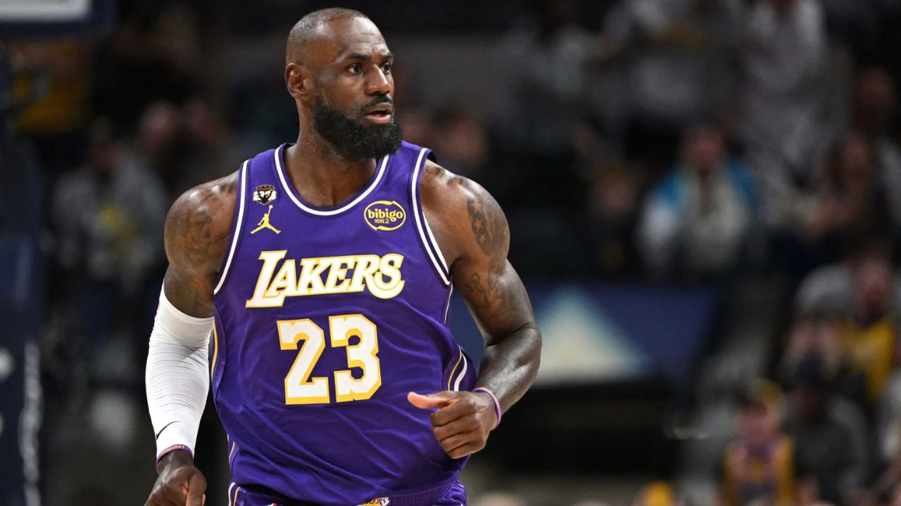 Mar 25, 2026; Indianapolis, Indiana, USA; Los Angeles Lakers forward LeBron James (23) runs down court during the first quarter against the Indiana Pacers at Gainbridge Fieldhouse. Mandatory Credit: Marc Lebryk-Imagn Images