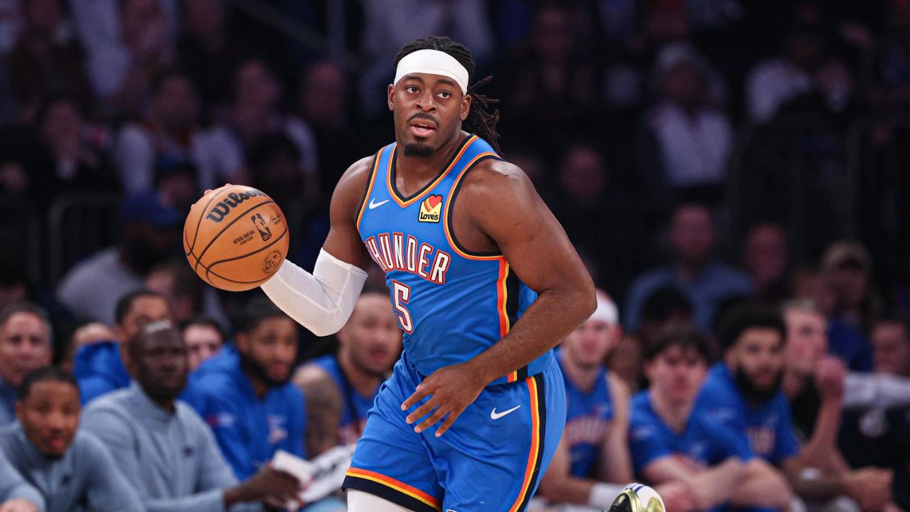 Mar 4, 2026; New York, New York, USA; Oklahoma City Thunder guard Luguentz Dort (5) dribbles up court against the New York Knicks during the first half at Madison Square Garden. Mandatory Credit: Vincent Carchietta-Imagn Images