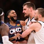 OKLAHOMA CITY, OKLAHOMA - FEBRUARY 27: Isaiah Joe #11 of the Oklahoma City Thunder gets in between Luguentz Dort #5 of the Oklahoma City Thunder and Nikola Jokic #15 of the Denver Nuggets during the second half at Paycom Center on February 27, 2026 in Oklahoma City, Oklahoma. (Photo by Joshua Gateley/Getty Images)