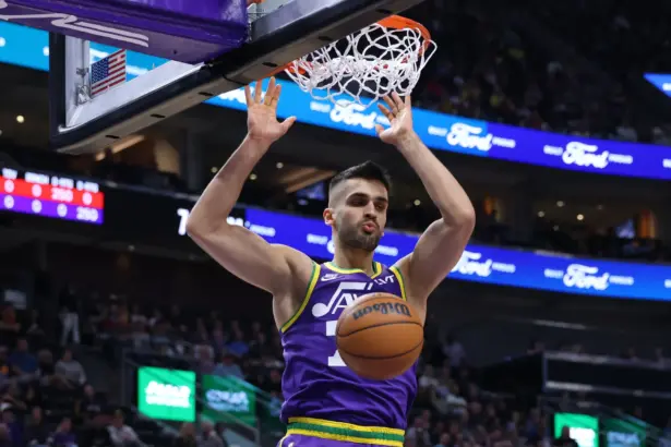 Apr 11, 2024; Salt Lake City, Utah, USA; Utah Jazz center Omer Yurtseven (77) dunks the ball against the Houston Rockets during the first quarter at Delta Center. Mandatory Credit: Rob Gray-Imagn Images