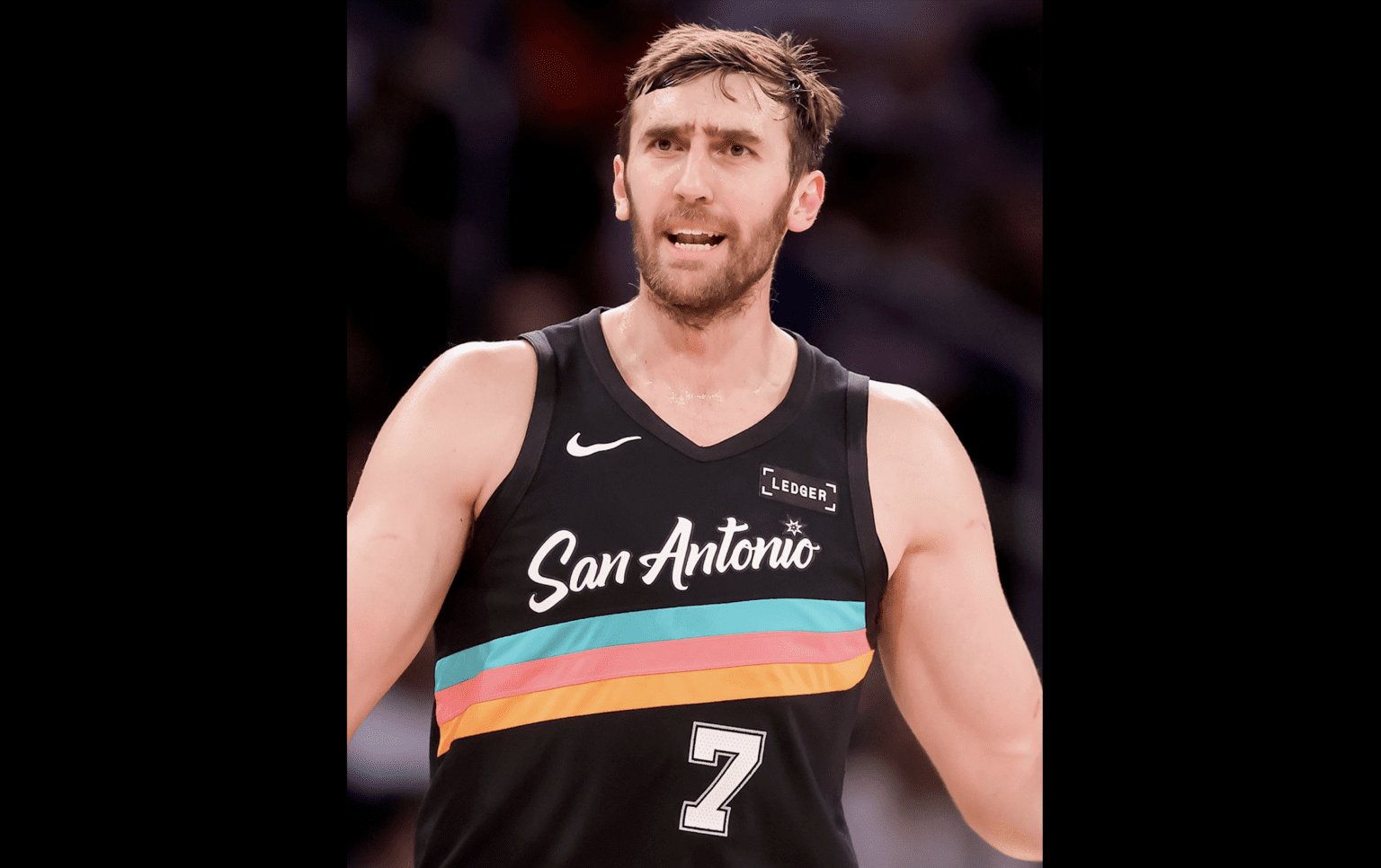 San Antonio Spurs center Luke Kornet (7) reacts during the second quarter against the New York Knicks at Madison Square Garden.