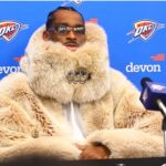 Shai Gilgeous-Alexander pulls off wild outfit for press conference. Mandatory Credit: YouTube - Oklahoma City Thunder
