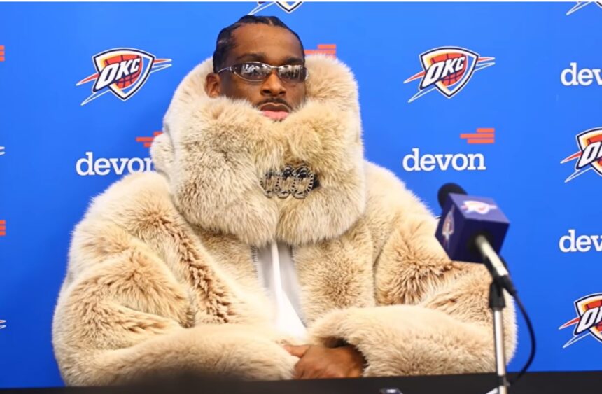 Shai Gilgeous-Alexander pulls off wild outfit for press conference. Mandatory Credit: YouTube - Oklahoma City Thunder