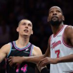 Feb 28, 2026; Miami, Florida, USA; Houston Rockets forward Kevin Durant (7) defends against Miami Heat guard Tyler Herro (14) during the fourth quarter at Kaseya Center. Mandatory Credit: Sam Navarro-Imagn Images