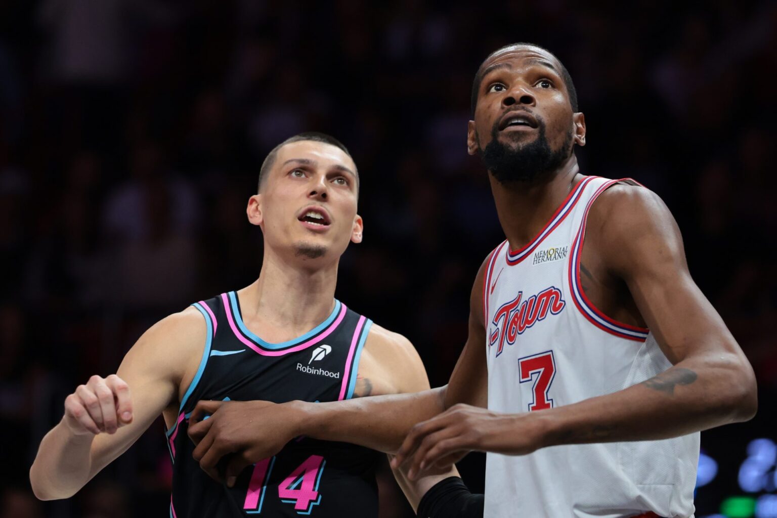 Feb 28, 2026; Miami, Florida, USA; Houston Rockets forward Kevin Durant (7) defends against Miami Heat guard Tyler Herro (14) during the fourth quarter at Kaseya Center. Mandatory Credit: Sam Navarro-Imagn Images