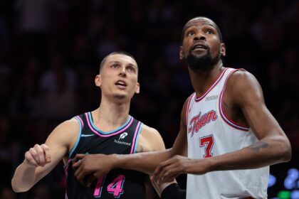Feb 28, 2026; Miami, Florida, USA; Houston Rockets forward Kevin Durant (7) defends against Miami Heat guard Tyler Herro (14) during the fourth quarter at Kaseya Center. Mandatory Credit: Sam Navarro-Imagn Images