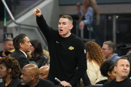Los Angeles Lakers assistant coach Greg St. Jean (center) yells during the third quarter against the Golden State Warriors at Chase Center.