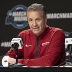 Arkansas Razorbacks head coach John Calipari addresses the media in a press conference during a practice session ahead of the west regional of the men's 2026 NCAA Tournament at SAP Center
