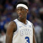LAS VEGAS, NEVADA - NOVEMBER 03: AJ Dybantsa #3 of the BYU Cougars looks on during the first half of a Hall of Fame Series game against the Villanova Wildcats at T-Mobile Arena on November 03, 2025 in Las Vegas, Nevada.