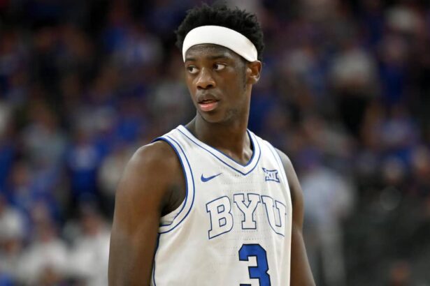 LAS VEGAS, NEVADA - NOVEMBER 03: AJ Dybantsa #3 of the BYU Cougars looks on during the first half of a Hall of Fame Series game against the Villanova Wildcats at T-Mobile Arena on November 03, 2025 in Las Vegas, Nevada.
