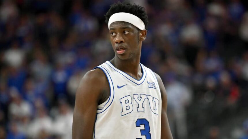 LAS VEGAS, NEVADA - NOVEMBER 03: AJ Dybantsa #3 of the BYU Cougars looks on during the first half of a Hall of Fame Series game against the Villanova Wildcats at T-Mobile Arena on November 03, 2025 in Las Vegas, Nevada.