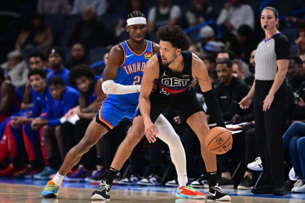 OKLAHOMA CITY, OKLAHOMA - OCTOBER 30: Cade Cunningham #2 of the Detroit Pistons handles the ball while being defended by Shai Gilgeous-Alexander #2 of the Oklahoma City Thunder at Paycom Center on October 30, 2023 in Oklahoma City, Oklahoma. (Photo by Joshua Gateley/Getty Images)