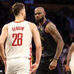 Los Angeles, CA - April 21:Los Angeles Lakers forward LeBron James (23) glares at Houston Rockets center Alperen Sengun (28) in game 2 of the NBA playoff round 1 at Crypto.Com Arena in Los Angeles, CA on Tuesday, April 21, 2026.(Robert Gauthier/Los Angeles Times via Getty Images)