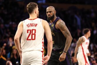 Los Angeles, CA - April 21:Los Angeles Lakers forward LeBron James (23) glares at Houston Rockets center Alperen Sengun (28) in game 2 of the NBA playoff round 1 at Crypto.Com Arena in Los Angeles, CA on Tuesday, April 21, 2026.(Robert Gauthier/Los Angeles Times via Getty Images)