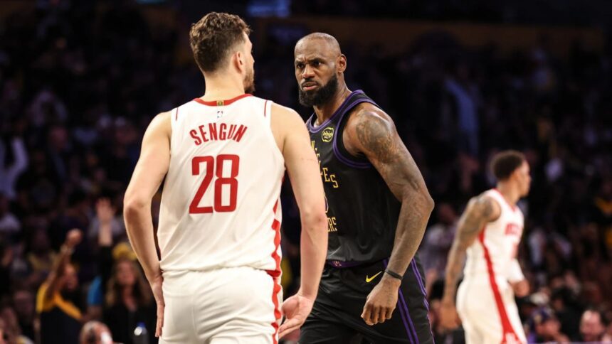 Los Angeles, CA - April 21:Los Angeles Lakers forward LeBron James (23) glares at Houston Rockets center Alperen Sengun (28) in game 2 of the NBA playoff round 1 at Crypto.Com Arena in Los Angeles, CA on Tuesday, April 21, 2026.(Robert Gauthier/Los Angeles Times via Getty Images)