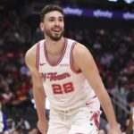 Apr 1, 2026; Houston, Texas, USA; Houston Rockets center Alperen Sengun (28) reacts after a play during the first half against the Milwaukee Bucks at Toyota Center. Mandatory Credit: Troy Taormina-Imagn Images