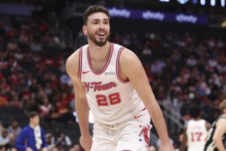 Apr 1, 2026; Houston, Texas, USA; Houston Rockets center Alperen Sengun (28) reacts after a play during the first half against the Milwaukee Bucks at Toyota Center. Mandatory Credit: Troy Taormina-Imagn Images