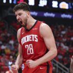 Apr 26, 2026; Houston, Texas, USA; Houston Rockets center Alperen Sengun (28) reacts after a play during the second quarter against the Los Angeles Lakers during game four of the first round of the 2026 NBA Playoffs at Toyota Center. Mandatory Credit: Troy Taormina-Imagn Images