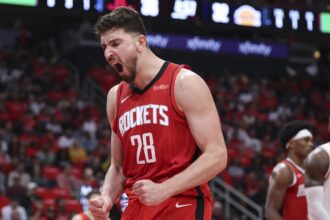 Apr 26, 2026; Houston, Texas, USA; Houston Rockets center Alperen Sengun (28) reacts after a play during the second quarter against the Los Angeles Lakers during game four of the first round of the 2026 NBA Playoffs at Toyota Center. Mandatory Credit: Troy Taormina-Imagn Images