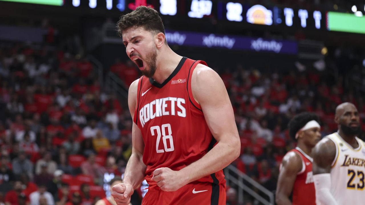 Apr 26, 2026; Houston, Texas, USA; Houston Rockets center Alperen Sengun (28) reacts after a play during the second quarter against the Los Angeles Lakers during game four of the first round of the 2026 NBA Playoffs at Toyota Center. Mandatory Credit: Troy Taormina-Imagn Images