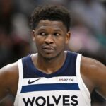 Mar 30, 2026; Dallas, Texas, USA; Minnesota Timberwolves guard Anthony Edwards (5) looks on during the second half against the Dallas Mavericks at the American Airlines Center. Mandatory Credit: Jerome Miron-Imagn Images