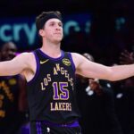 Mar 10, 2026; Los Angeles, California, USA; Los Angeles Lakers guard Austin Reaves (15) reacts after scoring the three point basket and draws the foul against the Minnesota Timberwolves during the second half at Crypto.com Arena. Mandatory Credit: Gary A. Vasquez-Imagn Images