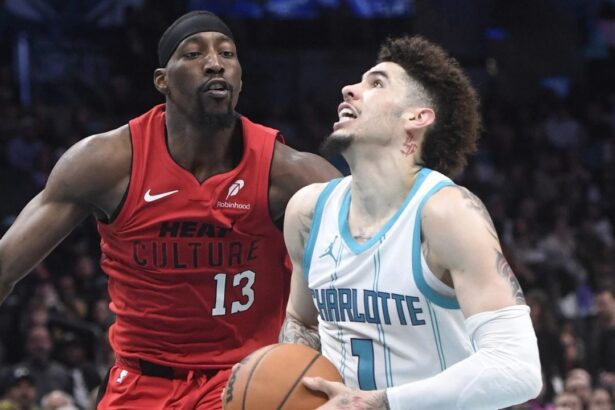 Nov 27, 2024; Charlotte, North Carolina, USA; Charlotte Hornets guard LaMelo Ball (1) drives past Miami Heat center/forward Bam Adebayo (13) during the second half at the Spectrum Center. Mandatory Credit: Sam Sharpe-Imagn Images