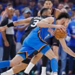 Apr 19, 2026; Oklahoma City, Oklahoma, USA; Oklahoma City Thunder center Chet Holmgren (7) drives around Phoenix Suns forward Dillon Brooks (3) in the first quarter during game one of the first round of the 2026 NBA Playoffs at Paycom Center. Mandatory Credit: Alonzo Adams-Imagn Images