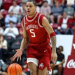 Feb 18, 2026; Tuscaloosa, Alabama, USA; Arkansas Razorback guard Darius Acuff Jr. (5) dribbles a fast break during the first half against the Alabama Crimson Tide at Coleman Coliseum. Mandatory Credit: David Leong-Imagn Images